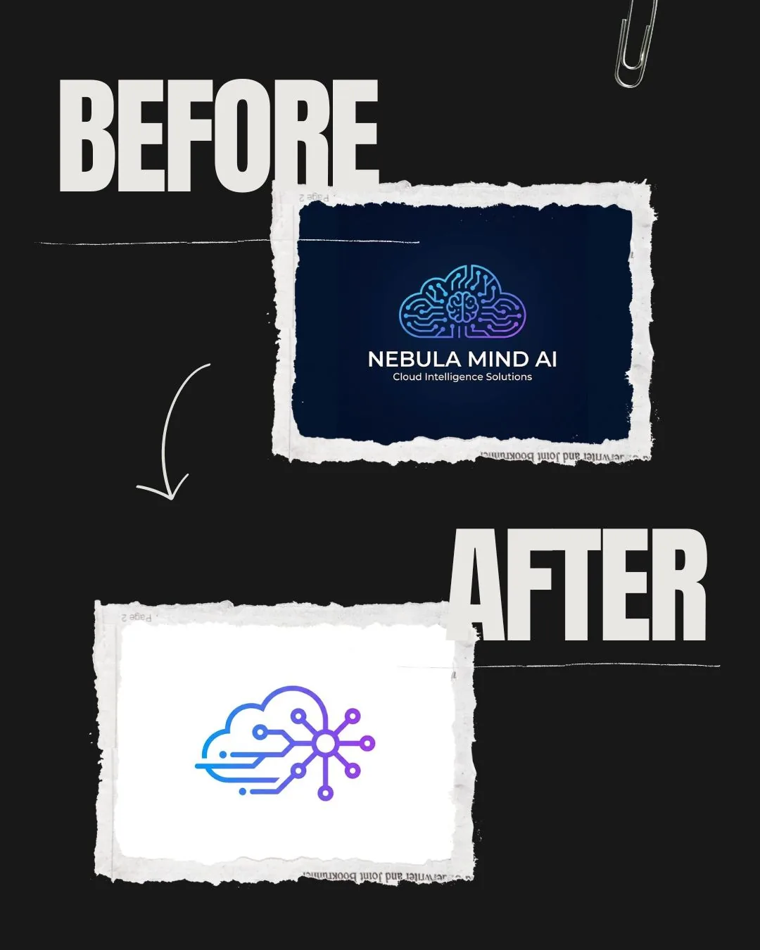 Before and after comparison of minimalist SaaS and tech logo prompts showing vague vs structured results